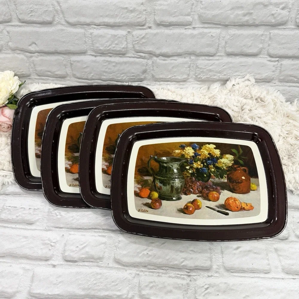Vtg‎ Metal Autumn TV Food Trays Fruits Flowers  Farmhouse Cottagecore Set Of 8